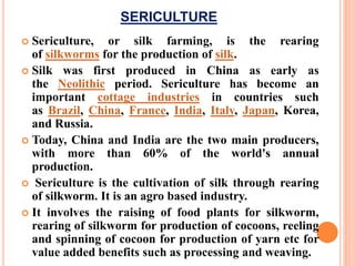 SERICULTURE
 Sericulture, or silk farming, is the rearing
of silkworms for the production of silk.
 Silk was first produced in China as early as
the Neolithic period. Sericulture has become an
important cottage industries in countries such
as Brazil, China, France, India, Italy, Japan, Korea,
and Russia.
 Today, China and India are the two main producers,
with more than 60% of the world's annual
production.
 Sericulture is the cultivation of silk through rearing
of silkworm. It is an agro based industry.
 It involves the raising of food plants for silkworm,
rearing of silkworm for production of cocoons, reeling
and spinning of cocoon for production of yarn etc for
value added benefits such as processing and weaving.
 