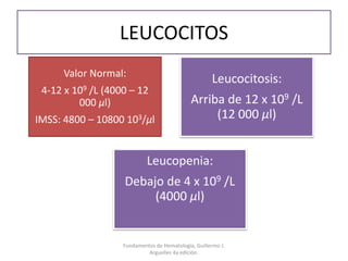 LEUCOCITOS
Valor Normal:
4-12 x 109 /L (4000 – 12
000 μl)
IMSS: 4800 – 10800 103/μl
Leucocitosis:
Arriba de 12 x 109 /L
(12 000 μl)
Leucopenia:
Debajo de 4 x 109 /L
(4000 μl)
Fundamentos de Hematología, Guillermo J.
Arguelles 4a edición.
 