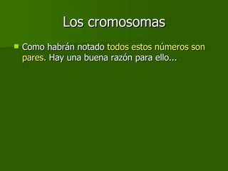 Los cromosomas Como habrán notado  todos estos números son pares.  Hay una buena razón para ello... 