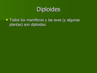 Diploides Todos los mamíferos y las aves (y algunas plantas) son diploides. 