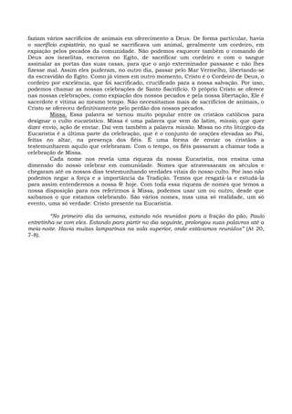 faziam vários sacrifícios de animais em oferecimento a Deus. De forma particular, havia
o sacrifício expiatório, no qual se sacrificava um animal, geralmente um cordeiro, em
expiação pelos pecados da comunidade. Não podemos esquecer também o comando de
Deus aos israelitas, escravos no Egito, de sacrificar um cordeiro e com o sangue
assinalar as portas das suas casas, para que o anjo exterminador passasse e não lhes
fizesse mal. Assim eles puderam, no outro dia, passar pelo Mar Vermelho, libertando-se
da escravidão do Egito. Como já vimos em outro momento, Cristo é o Cordeiro de Deus, o
cordeiro por excelência, que foi sacrificado, crucificado para a nossa salvação. Por isso,
podemos chamar as nossas celebrações de Santo Sacrifício. O próprio Cristo se oferece
nas nossas celebrações, como expiação dos nossos pecados e pela nossa libertação, Ele é
sacerdote e vítima ao mesmo tempo. Não necessitamos mais de sacrifícios de animais, o
Cristo se ofereceu definitivamente pelo perdão dos nossos pecados.
         Missa. Essa palavra se tornou muito popular entre os cristãos católicos para
designar o culto eucarístico. Missa é uma palavra que vem do latim, missio, que quer
dizer envio, ação de enviar. Daí vem também a palavra missão. Missa no rito litúrgico da
Eucaristia é a última parte da celebração, que é o conjunto de orações elevadas ao Pai,
feitas no altar, na presença dos fiéis. É uma forma de enviar os cristãos a
testemunharem aquilo que celebraram. Com o tempo, os fiéis passaram a chamar toda a
celebração de Missa.
         Cada nome nos revela uma riqueza da nossa Eucaristia, nos ensina uma
dimensão do nosso celebrar em comunidade. Nomes que atravessaram os séculos e
chegaram até os nossos dias testemunhando verdades vitais do nosso culto. Por isso não
podemos negar a força e a importância da Tradição. Temos que resgatá-la e estudá-la
para assim entendermos a nossa fé hoje. Com toda essa riqueza de nomes que temos a
nossa disposição para nos referirmos à Missa, podemos usar um ou outro, desde que
saibamos o que estamos celebrando. São vários nomes, mas uma só realidade, um só
evento, uma só verdade: Cristo presente na Eucaristia.

         “No primeiro dia da semana, estando nós reunidos para a fração do pão, Paulo
entretinha-se com eles. Estando para partir no dia seguinte, prolongou suas palavras até a
meia-noite. Havia muitas lamparinas na sala superior, onde estávamos reunidos” (At 20,
7-8).
 