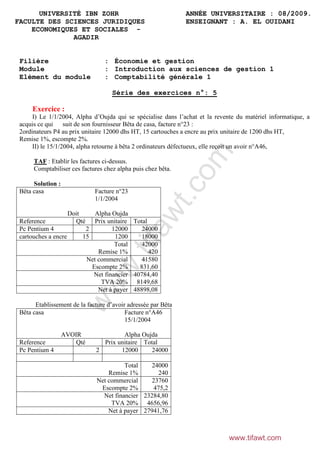 UNIVERSITÉ IBN ZOHR
FACULTE DES SCIENCES JURIDIQUES
ECONOMIQUES ET SOCIALES AGADIR

Filière
Module
Elément du module

ANNÉE UNIVERSITAIRE : 08/2009.
ENSEIGNANT : A. EL OUIDANI

: Économie et gestion
: Introduction aux sciences de gestion 1
: Comptabilité générale 1
Série des exercices n°: 5

Exercice :

Facture n°23
1/1/2004

Alpha Oujda
Prix unitaire Total
2
12000
24000
15
1200
18000
Total
42000
Remise 1%
420
Net commercial
41580
Escompte 2%
831,60
Net financier 40784,40
TVA 20% 8149,68
Net à payer 48898,08

tifa

Doit
Qté

ww
w.

Reference
Pc Pentium 4
cartouches a encre

wt

Solution :
Bêta casa

.co

TAF : Etablir les factures ci-dessus.
Comptabiliser ces factures chez alpha puis chez bêta.

m

I) Le 1/1/2004, Alpha d’Oujda qui se spécialise dans l’achat et la revente du matériel informatique, a
suit de son fournisseur Bêta de casa, facture n°23 :
acquis ce qui
2ordinateurs P4 au prix unitaire 12000 dhs HT, 15 cartouches a encre au prix unitaire de 1200 dhs HT,
Remise 1%, escompte 2%.
II) le 15/1/2004, alpha retourne à bêta 2 ordinateurs défectueux, elle reçoit un avoir n°A46,

Etablissement de la facture d’avoir adressée par Bêta
Bêta casa
Facture n°A46
15/1/2004

Reference
Pc Pentium 4

AVOIR
Qté

Alpha Oujda
Prix unitaire Total
2
12000
24000
Total
24000
Remise 1%
240
Net commercial
23760
Escompte 2%
475,2
Net financier 23284,80
TVA 20% 4656,96
Net à payer 27941,76

www.tifawt.com

 