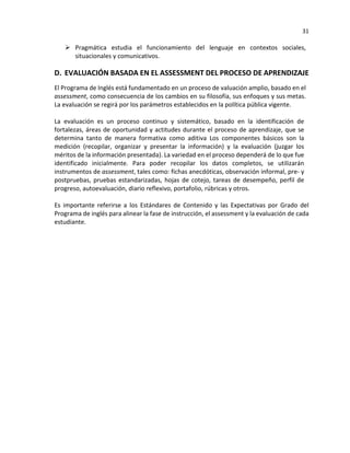 31
 Pragmática estudia el funcionamiento del lenguaje en contextos sociales,
situacionales y comunicativos.
D. EVALUACIÓN BASADA EN EL ASSESSMENT DEL PROCESO DE APRENDIZAJE
El Programa de Inglés está fundamentado en un proceso de valuación amplio, basado en el
assessment, como consecuencia de los cambios en su filosofía, sus enfoques y sus metas.
La evaluación se regirá por los parámetros establecidos en la política pública vigente.
La evaluación es un proceso continuo y sistemático, basado en la identificación de
fortalezas, áreas de oportunidad y actitudes durante el proceso de aprendizaje, que se
determina tanto de manera formativa como aditiva Los componentes básicos son la
medición (recopilar, organizar y presentar la información) y la evaluación (juzgar los
méritos de la información presentada). La variedad en el proceso dependerá de lo que fue
identificado inicialmente. Para poder recopilar los datos completos, se utilizarán
instrumentos de assessment, tales como: fichas anecdóticas, observación informal, pre- y
postpruebas, pruebas estandarizadas, hojas de cotejo, tareas de desempeño, perfil de
progreso, autoevaluación, diario reflexivo, portafolio, rúbricas y otros.
Es importante referirse a los Estándares de Contenido y las Expectativas por Grado del
Programa de inglés para alinear la fase de instrucción, el assessment y la evaluación de cada
estudiante.
 