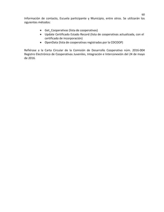 60
Información de contacto, Escuela participante y Municipio, entre otros. Se utilizarán los
siguientes métodos:
• Get_Cooperativas (lista de cooperativas)
• Update Certificado Estado Record (lista de cooperativas actualizada, con el
certificado de incorporación)
• OpenData (lista de cooperativas registradas por la CDCOOP)
Refiérase a la Carta Circular de la Comisión de Desarrollo Cooperativo núm. 2016-004
Registro Electrónico de Cooperativas Juveniles, Integración e Interconexión del 24 de mayo
de 2016.
 