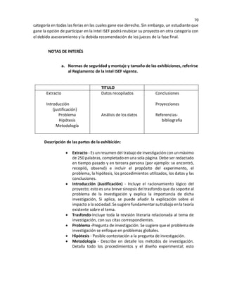 70
categoría en todas las ferias en las cuales gane ese derecho. Sin embargo, un estudiante que
gane la opción de participar en la Intel ISEF podrá reubicar su proyecto en otra categoría con
el debido asesoramiento y la debida recomendación de los jueces de la fase final.
NOTAS DE INTERÉS
a. Normas de seguridad y montaje y tamaño de las exhibiciones, referirse
al Reglamento de la Intel ISEF vigente.
TITULO
Extracto
Introducción
(justificación)
Problema
Hipótesis
Metodología
Datos recopilados
Análisis de los datos
Conclusiones
Proyecciones
Referencias-
bibliografía
Descripción de las partes de la exhibición:
• Extracto - Es un resumen del trabajo de investigación con un máximo
de 250 palabras, completado en una sola página. Debe ser redactado
en tiempo pasado y en tercera persona (por ejemplo: se encontró,
recopiló, observó) e incluir el propósito del experimento, el
problema, la hipótesis, los procedimientos utilizados, los datos y las
conclusiones.
• Introducción (Justificación) - Incluye el racionamiento lógico del
proyecto; esto es una breve sinopsis del trasfondo que da soporte al
problema de la investigación y explica la importancia de dicha
investigación, Si aplica, se puede añadir la explicación sobre el
impacto a la sociedad. Se sugiere fundamentar su trabajo en la teoría
existente sobre el tema.
• Trasfondo-Incluye toda la revisión literaria relacionada al tema de
investigación, con sus citas correspondientes.
• Problema -Pregunta de investigación. Se sugiere que el problema de
investigación se enfoque en problemas globales.
• Hipótesis - Posible contestación a la pregunta de investigación.
• Metodología - Describe en detalle los métodos de investigación.
Detalla todo los procedimientos y el diseño experimental; esto
 
