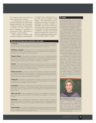 PROFISSÃO MESTRE®
junho 2011 27
Esse capítulo é muito nessa linha, de
como se garante isso”, analisa.
As organização do capítulo evi-
dencia essa proposta, com técnicas espe-
cificadas como as do “Eu” (“O Gancho”,
“Dê Nome às Etapas”, “Quadro=Papel”
e “Circule”), do “Nós” (“Divida em
Partes”, “Proporção” e “Entendeu?”) e
as técnicas do “Vocês” (“Mais uma vez”,
“Arremate” e “Tome Posição”).
Para a diretora, no entanto, algu-
mas delas extrapolam o desenvolvimen-
to cognitivo para comportamentos fo-
ra de sala, como por exemplo a “Tome
Posição”. “Ela é importante no desen-
volvimento da reflexão e da oratória, na
participação em debates respeitosos e
embasados. Fora da escola, muitas pes-
soas partem para o ataque pessoal dian-
te de opiniões contrárias, desqualificam
o interlocutor ou mesmo não tomando
posição. Essa prática deve ser feita na es-
cola, para qualificação do debate respei-
toso em qualquer âmbito”, acredita.
Resumo das técnicas para estruturar e dar aulas
“Gosto de trabalhar com a construção
do conhecimento de uma forma que o
aluno pense e reflita com as informa-
ções que tem. As técnicas me ajudam
a organizar essa construção, no apro-
fundamento e no questionamento.
Situações de retomar o conteúdo
com o aluno que deixa de responder
[“Sem Escapatória”, capítulo 1], por
exemplo, são muito úteis. Muito do
que o autor propõe, eu já fazia. A dis-
posição da minha sala, por exemplo,
já era planejada e diferente das con-
vencionais, não foi pensada após ler
sobre a técnica “Faça o Mapa” [capí-
tulo 2]. Porém, o livro ajudou a orga-
nizar os meus procedimentos e para
dar clareza do que fazer. Não me fixo
na nomenclatura e não planejo siste-
maticamente o momento de usar as
técnicas. Concentro-me na ideia ge-
ral e as emprego quando é oportuno,
adaptadas à situação posta na aula.
Eu passei a pensar melhor na for-
ma de questionar os alunos e uso téc-
nicas como “Divida em Partes”, “Sem
Escapatória”, “Todos Juntos” [capítu-
lo 4] e “Puxe Mais” [capítulo 1]. A cir-
culação mais atenta também ajuda
(“Circule”). Hoje faço com outro olhar,
lendo o que eles escrevem e pegan-
do subsídios para o momento de
questionar a turma, escolher quem
vai responder. O comportamento es-
colar deles melhorou, a dedicação e
até a feitura da lição de casa aumen-
tou. Não por disciplina, mas por en-
gajamento.”
Eu testei
PROFISSÃO MESTRE®
junho 2011 27
Gilne Gardesani Fernandez é profes-
sora da Escola Municipal de Educação
Infantil e Ensino Fundamental
Vereador Manoel de Oliveira, em
Santo André (SP). Ela usa as téc-
nicas em todas as disciplinas
(Ciências, Língua Portuguesa, História,
Geografia, Matemática e Artes), com
uma turma de 4º ano.
“O Gancho” – Usar um curto momento introdutório para despertar a atenção
dos alunos pelo assunto que será desenvolvido durante a aula, com recursos co-
mo uma música, uma encenação ou uma brincadeira com os alunos.
“Dê Nome às Etapas” – Dividir tarefas mais complexas em etapas simples, de-
vidamente nomeadas, para facilitar que os alunos se lembrem de todas elas na
resolução de um problema e busca de objetivo.
“Quadro=Papel” – Apresentar o assunto da forma como o professor gostaria
que os alunos copiassem. O objetivo é facilitar o uso dessas anotações como ins-
trumento eficaz no sentido de relembrar o conteúdo. O caderno pode ser uma
“réplica exata dos resumos que o professor apresentou no quadro”
“Circule” – Mover-se estrategicamente na sala de aula para romper a barreira
imaginária que separa professor e alunos, ter acesso total ao que os estudantes
estão fazendo, realizar intervenções precisas e oportunas no momento que jul-
gar melhor e tomar para si o domínio do espaço.
“Divida em Partes” – Quando o aluno tem dificuldade na solução de um proble-
ma, o docente pode dar dicas de acordo com o nível de conhecimento apresenta-
do pelo aluno (exemplos, contextualização ou apresentação de regras), de modo
que ele chegue por processo cognitivo ao resultado.
“Proporção” – Aumentar a porcentagem de trabalho cognitivo do aluno durante
as atividades para atingir os objetivos, com perguntas que levem ao aprofunda-
mento de pensar e analisar novos conteúdos.
“Entendeu?” – Verificar constantemente a compreensão que os estudantes es-
tão tendo durante a aula e, a partir desses dados, intervir imediatamente. Nunca
deixar para depois ou esperar que os erros aconteçam para depois tentar uma
ação corretiva.
“Mais uma Vez” – Usar a repetição para refinar as habilidades mais básicas
que o aluno precisa demonstrar em uma determinada disciplina, ao final de ca-
da aula.
“Arremate” – Um complemento de “Entendeu?” e “Mais uma Vez”; é quando o
docente apresenta uma questão ou uma curta sequência de problemas para re-
solver ao término da aula, a fim de coletar dados e orientar as repetições neces-
sárias.
“Tome Posição” – Promover um ambiente em que os alunos julguem as respos-
tas dos colegas, concordando ou discordando com respeito, para estimular a cog-
nição e a reflexão sobre os conteúdos da aula.
 