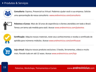 www.andrevinicius.comPalestras, Workshops, Treinamentos e Cursos www.andrevinicius.comPalestras, Workshops, Treinamentos e Cursos
4Produtos & Serviços
13
Consultoria: Express, Presencial ou Virtual. Podemos ajudar você e sua empresa. Solicite
uma apresentação de nossa consultoria www.andrevinicius.com/consultoria
Palestras e Cursos: Mais de 10 anos de experiência e clientes atendidos em todo o Brasil.
Temos um tema sob medida para você. Acesse www.andrevinicius.com/palestras
Certificação: Adquira nossos materiais, teste seus conhecimentos e receba o certificado de
aptidão para inúmeros módulos. Acesse www.andrevinicius.com/certificacao
Loja virtual: Adquira nossos produtos exclusivos. E-books, ferramentas, vídeos e muito
mais. Parcele tudo em até 12 vezes. Acesse www.andrevinicius.com/loja
 