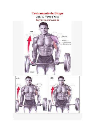 Treinamento de Bíceps
3x8/10 +Drop Sets
Barra reta ou w, em pé
 