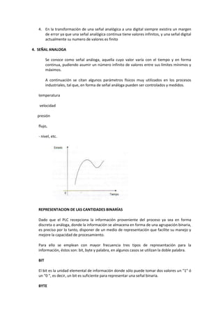 4. En la transformación de una señal analógica a una digital siempre existira un margen
      de error ya que una señal analógica continua tiene valores infinitos, y una señal digital
      actualmente su numero de valores es finito

4. SEÑAL ANALOGA

         Se conoce como señal análoga, aquella cuyo valor varía con el tiempo y en forma
         continua, pudiendo asumir un número infinito de valores entre sus límites mínimos y
         máximos.

         A continuación se citan algunos parámetros físicos muy utilizados en los procesos
         industriales, tal que, en forma de señal análoga pueden ser controlados y medidos.

   temperatura

   velocidad

  presión

   flujo,

   - nivel, etc.




   REPRESENTACION DE LAS CANTIDADES BINARÍAS

   Dado que el PLC recepciona la información proveniente del proceso ya sea en forma
   discreta o análoga, donde la información se almacena en forma de una agrupación binaria,
   es preciso por lo tanto, disponer de un medio de representación que facilite su manejo y
   mejore la capacidad de procesamiento.

   Para ello se emplean con mayor frecuencia tres tipos de representación para la
   información, éstos son: bit, byte y palabra, en algunos casos se utilizan la doble palabra.

   BIT

   El bit es la unidad elemental de información donde sólo puede tomar dos valores un "1" ó
   un "0 ", es decir, un bit es suficiente para representar una señal binaria.

   BYTE
 