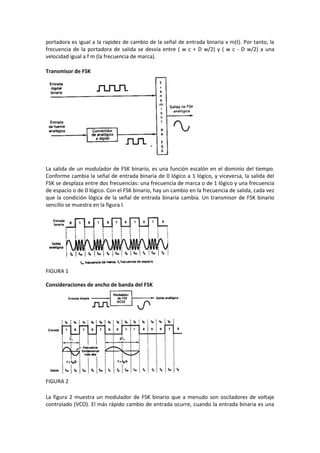 portadora es igual a la rapidez de cambio de la señal de entrada binaria v m(t). Por tanto, la
frecuencia de la portadora de salida se desvía entre ( w c + D w/2) y ( w c - D w/2) a una
velocidad igual a f m (la frecuencia de marca).

Transmisor de FSK




La salida de un modulador de FSK binario, es una función escalón en el dominio del tiempo.
Conforme cambia la señal de entrada binaria de 0 lógico a 1 lógico, y viceversa, la salida del
FSK se desplaza entre dos frecuencias: una frecuencia de marca o de 1 lógico y una frecuencia
de espacio o de 0 lógico. Con el FSK binario, hay un cambio en la frecuencia de salida, cada vez
que la condición lógica de la señal de entrada binaria cambia. Un transmisor de FSK binario
sencillo se muestra en la figura l.




FIGURA 1

Consideraciones de ancho de banda del FSK




FIGURA 2

La figura 2 muestra un modulador de FSK binario que a menudo son osciladores de voltaje
controlado (VCO). El más rápido cambio de entrada ocurre, cuando la entrada binaria es una
 