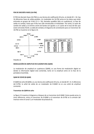 PSK DE DIECISÉIS FASES (16-PSK)

El PSK de dieciséis fases (16-PSK) es una técnica de codificación M-ario, en donde M = 16; hay
16 diferentes fases de salida posibles. Un modulador de 16-PSK actúa en los datos que están
entrando en grupos de 4 bits (2 4 = 16), llamados quadbits (bits en cuadratura). La fase de
salida no cambia, hasta que 4 bits han sido introducidos al modulador. Por tanto, la razón de
cambio de salida y el mínimo ancho de banda son iguales a un cuarto de la tasa de bits que
están entrando (f b/4). La tabla de verdad y el diagrama de constelación para un transmisor de
16-PSK se muestran en la figura 14.




FIGURA 14

MODULACIÓN DE AMPLITUD EN CUADRATURA (QAM)

La modulación de amplitud en cuadratura (QAM), es una forma de modulación digital en
donde la información digital está contenida, tanto en la amplitud como en la fase de la
portadora trasmitida.

QAM DE OCHO (8-QAM)

El QAM de ocho (8-QAM), es una técnica de codificación M-ario, en donde M = 8. A diferencia
del 8-PSK, la señal de salida de un modulador de 8-QAM no es una señal de amplitud
constante.

Transmisor de QAM de ocho

La figura 15 muestra el diagrama a bloques de un transmisor de 8-QAM. Como pueda verse, la
única diferencia, entre el transmisor de 8-QAM y el transmisor de 8-PSK es la omisión del
inversor entre el canal C y el modulador da producto Q.
 