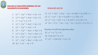 HALLAR LA SOLUCIÓN GENERAL DE LAS
SIGUIENTES ECUACIONES
1. 𝑥2 − 1 𝑦′′ + 4𝑥𝑦′ + 2𝑦 = 0
2. 𝑥2 + 2 𝑦′′ + 4𝑥𝑦′ + 2𝑦 = 0
3. 𝑦′′ + 𝑥𝑦′ + 𝑦 = 0
4. 𝑥2 + 1 𝑦′′ + 6𝑥𝑦′ + 4𝑦 = 0
5. 𝑥2 − 3 𝑦′′ + 2𝑥𝑦′ = 0
6. 𝑥2 − 1 𝑦′′ − 6𝑥𝑦′ + 12𝑦 = 0
7. 𝑥2
+ 3 𝑦′′
− 7𝑥𝑦′
+ 16𝑦 = 0
8. 2 − 𝑥2 𝑦′′ − 𝑥𝑦′ + 16𝑦 = 0
9. 𝑥2
− 1 𝑦′′
+ 8𝑥𝑦′
+ 12𝑦 = 0
10. 3𝑦′′ + 𝑥𝑦′ − 4𝑦 = 0
RESOLVER LOS PVI
11. 𝑥2
+ 1 𝑦′′
+ 2𝑥𝑦′
− 2𝑦 = 0, 𝑦 0 = 0, 𝑦′
0 = 1
12. 𝑦′′ + 𝑥𝑦′ − 2𝑦 = 0, 𝑦 0 = 1, 𝑦′ 0 = 0
13. 𝑦′′ + 𝑥 − 1 𝑦′ + 𝑦 = 0, 𝑦 1 = 2, 𝑦′ 1 = 0
14. 2𝑥 − 𝑥2
𝑦′′
− 6(𝑥 − 1)𝑦′
− 4𝑦 = 0, 𝑦 1 = 0, 𝑦′
1 = 1
Resolver las EDO de segundo orden
15. 𝑦′′ + 𝑒−𝑥𝑦 = 0
16. (cos 𝑥)𝑦′′+𝑦 = 0
17. 𝑥𝑦′′
+ sin 𝑥 𝑦′
+ 𝑥𝑦 = 0
 