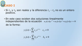 CASO I
• Si r1 y r2 son reales y la diferencia r1 - r2 no es un entero
positivo.
• En este caso existen dos soluciones linealmente
independientes de la ecuación
de la forma:
0
0
1
2 

 y
x
a
y
x
a
y
x
a )
(
´
)
(
´´
)
(
0
0
0
0
2
0
0
1
2
1













b
x
b
x
y
c
x
c
x
y
r
n
n
n
r
n
n
n
)
(
)
(
 