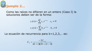 Ejemplo 2…
Como las raíces no difieren en un entero (Caso I) la
soluciones deben ser de la forma:
La ecuación de recurrencia para k=1,2,3,… es:
0
0
0
0
2
0
0
1
2
1













b
x
b
x
y
c
x
c
x
y
r
n
n
n
r
n
n
n
)
(
)
(
)
)(
( 3
2
2
2 1




 
r
k
r
k
C
C k
k
 