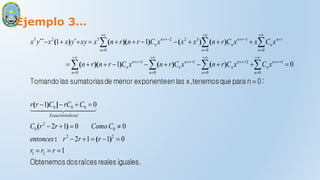 Ejemplo 3…
iguales.
reales
raíces
dos
Obtenemos
:
0
n
para
que
tenemos
x,
las
en
exponente
menor
de
sumatorias
las
Tomando
1
0
1
1
2
0
0
1
2
0
1
0
1
1
1
2
1
2
2
0
2
0
0
0
0
0
1
0 0
2
1
0
1
0
0
1
3
2
0
2
3
2
3







































 



































r
r
r
r
r
r
entonces
C
Como
r
r
C
C
rC
C
r
r
x
C
x
C
r
n
x
C
r
n
x
C
r
n
r
n
x
C
x
x
C
r
n
x
x
x
C
r
n
r
n
x
xy
y
x
x
y
x
indicial
Ecuación
n
r
n
n
n n
r
n
n
r
n
n
n
r
n
n
n
r
n
n
n
r
n
n
n
r
n
n
)
(
:
)
(
]
)
(
)
(
)
(
)
)(
(
)
(
)
(
)
)(
(
´
)
(
´´



 



 

 