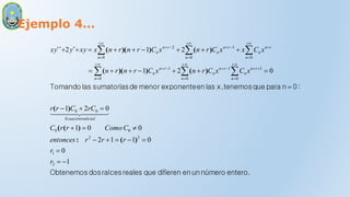 Ejemplo 4…
entero.
número
un
en
difieren
que
reales
raíces
dos
Obtenemos
:
0
n
para
que
tenemos
x,
las
en
exponente
menor
de
sumatorias
las
Tomando
1
0
0
1
1
2
0
0
1
0
2
1
0
2
1
2
1
2
2
1
2
2
0
0
0
0
0
1
0
1
0
1
0
0
1
0
2































































r
r
r
r
r
entonces
C
Como
r
r
C
rC
C
r
r
x
C
x
C
r
n
x
C
r
n
r
n
x
C
x
x
C
r
n
x
C
r
n
r
n
x
xy
y
xy
indicial
Ecuación
n
r
n
n
n
r
n
n
n
r
n
n
n
r
n
n
n
r
n
n
n
r
n
n
)
(
:
)
(
(
)
(
)
(
)
)(
(
)
(
)
)(
(
´
´´


 


 

 