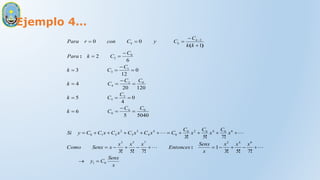 Ejemplo 4…
x
Senx
C
y
x
x
x
x
Senx
Entonces
x
x
x
x
Senx
Como
x
C
x
C
x
C
C
x
C
x
C
x
C
x
C
C
y
Si
C
C
C
k
C
C
k
C
C
C
k
C
C
k
C
C
k
Para
k
k
C
C
y
C
con
r
Para k
k
k
0
1
6
4
2
7
5
3
6
0
4
0
2
0
0
4
4
3
3
2
2
1
0
0
4
6
3
5
0
2
4
1
3
0
2
2
7
5
3
1
7
5
3
7
5
3
5040
5
6
0
4
5
120
20
4
0
12
3
6
2
1
0
0













































 




!
!
!
:
!
!
!
!
!
!
:
)
(
 