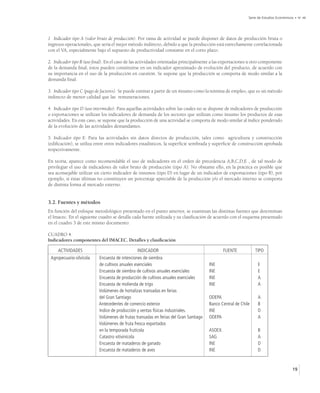 Serie de Estudios Económicos • No 48




1 Indicador tipo A (valor bruto de producción). Por rama de actividad se puede disponer de datos de producción bruta o
ingresos operacionales, que sería el mejor método indirecto, debido a que la producción está estrechamente correlacionada
con el VA, especialmente bajo el supuesto de productividad constante en el corto plazo.

2. Indicador tipo B (uso final). En el caso de las actividades orientadas principalmente a las exportaciones u otro componente
de la demanda final, éstos pueden constituirse en un indicador aproximado de evolución del producto, de acuerdo con
su importancia en el uso de la producción en cuestión. Se supone que la producción se comporta de modo similar a la
demanda final.

3. Indicador tipo C (pago de factores). Se puede estimar a partir de un insumo como la nómina de empleo, que es un método
indirecto de menor calidad que las remuneraciones.

4. Indicador tipo D (uso intermedio). Para aquellas actividades sobre las cuales no se dispone de indicadores de producción
o exportaciones se utilizan los indicadores de demanda de los sectores que utilizan como insumo los productos de esas
actividades. En este caso, se supone que la producción de una actividad se comporta de modo similar al índice ponderado
de la evolución de las actividades demandantes.

5. Indicador tipo E. Para las actividades sin datos directos de producción, tales como agricultura y construcción
(edificación), se utiliza entre otros indicadores estadísticos, la superficie sembrada y superficie de construcción aprobada
respectivamente.

En teoría, aparece como recomendable el uso de indicadores en el orden de precedencia A,B,C,D,E , de tal modo de
privilegiar el uso de indicadores de valor bruto de producción (tipo A). No obstante ello, en la práctica es posible que
sea aconsejable utilizar un cierto indicador de insumos (tipo D) en lugar de un indicador de exportaciones (tipo B), por
ejemplo, si éstas últimas no constituyen un porcentaje apreciable de la producción y/o el mercado interno se comporta
de distinta forma al mercado externo.


3.2. Fuentes y métodos
En función del enfoque metodológico presentado en el punto anterior, se examinan las distintas fuentes que determinan
el Imacec. En el siguiente cuadro se detalla cada fuente utilizada y su clasificación de acuerdo con el esquema presentado
en el cuadro 3 de este mismo documento:

CUADRO 4.
Indicadores componentes del IMACEC. Detalles y clasificación

    ACTIVIDADES                                  INDICADOR                                     FUENTE           TIPO
 Agropecuario-silvícola    Encuesta de intenciones de siembra
                           de cultivos anuales esenciales                              INE                       E
                           Encuesta de siembra de cultivos anuales esenciales          INE                       E
                           Encuesta de producción de cultivos anuales esenciales       INE                       A
                           Encuesta de molienda de trigo                               INE                       A
                           Volúmenes de hortalizas transadas en ferias
                           del Gran Santiago                                           ODEPA                     A
                           Antecedentes de comercio exterior                           Banco Central de Chile    B
                           Indice de producción y ventas físicas industriales.         INE                       D
                           Volúmenes de frutas transadas en ferias del Gran Santiago   ODEPA                     A
                           Volúmenes de fruta fresca exportados
                           en la temporada frutícola                                   ASOEX                     B
                           Catastro vitivinícola                                       SAG                       A
                           Encuesta de mataderos de ganado                             INE                       D
                           Encuesta de mataderos de aves                               INE                       D


                                                                                                                                       19
 