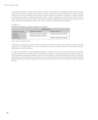 BANCO CENTRAL DE CHILE




          d) Indicadores nominales o reales. Los indicadores cuya base es una medición en unidades monetarias, pueden referirse
          a moneda constante de un período base o moneda corriente del período que se está midiendo. Este aspecto está muy
          relacionado con el tipo de indicador mencionado en el punto anterior. Los indicadores nominales o a precios corrientes
          son indicadores de valores, mientras los indicadores reales o a precios constantes son indicadores de volumen. Pero no
          existe una relación biunívoca entre ambos, ya que está de por medio el problema de los precios lo que permite que existan
          varias combinaciones posibles para obtener uno u otro. La matriz de combinaciones es la siguiente:

          CUADRO A1
          Métodos de indicadores a precios constantes y corrientes
                                                               Medición básica
            Operación de precios         Indicador de volumen                 Indicador de valor
            Ninguna                      Indicador de precios constantes      Indicador de precios corrientes
            Inflactación                 Indicador de precios corrientes
            Deflactación                                                      Indicador de precios constantes

          Fuente: Banco Central de Chile.

          En definitiva, un indicador de precios constantes puede ser un indicador de volumen, pero también un indicador de valor
          deflactado por un índice de precios. A su vez, un indicador de precios corrientes puede ser un indicador de volumen
          inflactado por un índice de precios.

          e) Nivel de los indicadores. Existen indicadores globales o sectoriales, esto es, macro o mesoeconómicos. Por ejemplo,
          los índices de producción manufacturera son claramente sectoriales. Un índice de importaciones o exportaciones, o un
          índice de consumo, es global en la medida en que no se refiera a productos o clases de productos específicos. Sin embargo,
          eventualmente, existen indicadores de corto plazo de nivel microeconómico cuando la empresa que informa ocupa un
          lugar preeminente en el mercado. Ejemplo en el caso chileno es la producción de cobre de Codelco, o la de combustible
          de Enap.




   34
 