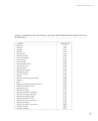 Serie de Estudios Económicos • No 48




ANEXO 3: PONDERACIONES DEL IMACEC AÑO BASE 1996 (PARTICIPACIÓN PORCENTUAL EN
EL PIB TOTAL)


  ACTIVIDAD                                       PARTICIPACIÓN
 Agricultura                                         1,15%
 Fruticultura                                        1,26%
 Ganadería                                           1,07%
 Silvicultura                                        0,76%
 Pesca extractiva                                    1,23%
 Extracción de carbón                                0,02%
 Extracción de petróleo                              0,16%
 Minería del hierro                                  0,13%
 Minería del cobre                                   5,59%
 Otras actividades mineras                           0,79%
 Producción de carnes                                0,78%
 Industria pesquera                                  0,57%
 Elaboración de conservas                            0,44%
 Elaboración de aceite                               0,11%
 Industria de la leche                               0,38%
 Molinería                                           0,16%
 Elaboración de alimentos para animales              0,09%
 Panaderías                                          0,65%
 Azúcar                                              0,19%
 Elaboración de productos alimenticios diversos      0,60%
 Elaboración de alcoholes y licores                  0,06%
 Elaboración de vinos                                0,30%
 Elaboración de cerveza                              0,11%
 Elaboración de bebidas no alcohólicas               0,41%
 Elaboración de productos del tabaco                 0,63%
 Fabricación de productos textiles                   0,61%
 Fabricación de prendas de vestir                    0,51%
 Elaboración de cuero y sus productos                0,10%
 Fabricación de calzado                              0,34%
 Producción de madera y sus productos                0,96%
 Fabricación de papel                                1,08%
 Imprentas y editoriales                             0,95%


                                                                                             39
 