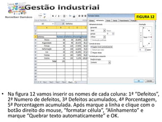 Introdução 
FIGURA 12 
• Na figura 12 vamos inserir os nomes de cada coluna: 1ª “Defeitos”, 
2ª Numero de defeitos, 3ª Defeitos acumulados, 4ª Porcentagem, 
5ª Porcentagem acumulada. Após marque a linha e clique com o 
botão direito do mouse, “formatar célula”, “Alinhamento” e 
marque “Quebrar texto automaticamente” e OK. 
 