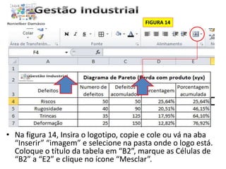 FIGURA 14 
• Na figura 14, Insira o logotipo, copie e cole ou vá na aba 
“Inserir” “imagem” e selecione na pasta onde o logo está. 
Coloque o título da tabela em “B2”, marque as Células de 
“B2” a “E2” e clique no ícone “Mesclar”. 
 