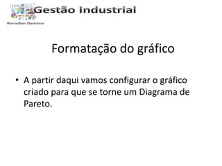 Formatação do gráfico 
• A partir daqui vamos configurar o gráfico 
criado para que se torne um Diagrama de 
Pareto. 
 