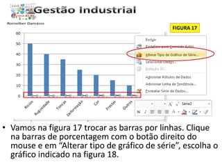 FIGURA 17 
• Vamos na figura 17 trocar as barras por linhas. Clique 
na barras de porcentagem com o botão direito do 
mouse e em “Alterar tipo de gráfico de série”, escolha o 
gráfico indicado na figura 18. 
 