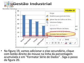 FIGURA 19 
• Na figura 19, vamos adicionar o eixo secundário, clique 
com botão direito do mouse na linha da porcentagem 
acumulada e em “Formatar Série de Dados” . Siga o passo 
da figura 20. 
 