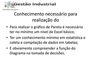 Conhecimento necessário para 
realização do 
• Para realizar o gráfico de Pareto é necessário 
ter no mínimo um nível de Excel básico; 
• Ter um conhecimento mínimo em estatística e 
coleta e compilação de dados em tabelas; 
• E obviamente compreender a função do 
Diagrama na tomada de decisões. 
 