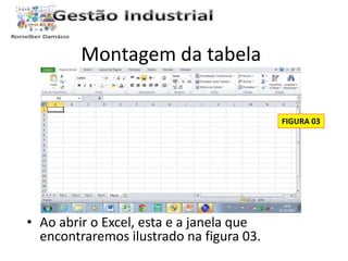 Montagem da tabela 
• Ao abrir o Excel, esta e a janela que 
encontraremos ilustrado na figura 03. 
FIGURA 03 
 