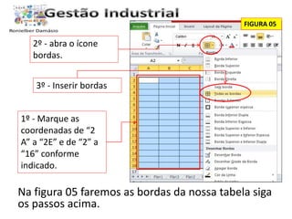 FIGURA 05 
2º - abra o ícone 
bordas. 
3º - Inserir bordas 
1º - Marque as 
coordenadas de “2 
A” a “2E” e de “2” a 
“16” conforme 
indicado. 
Na figura 05 faremos as bordas da nossa tabela siga 
os passos acima. 
 