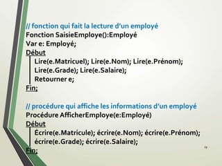 19
// fonction qui fait la lecture d’un employé
Fonction SaisieEmploye():Employé
Var e: Employé;
Début
Lire(e.Matricuel); Lire(e.Nom); Lire(e.Prénom);
Lire(e.Grade); Lire(e.Salaire);
Retourner e;
Fin;
// procédure qui affiche les informations d’un employé
Procédure AfficherEmploye(e:Employé)
Début
Écrire(e.Matricule); écrire(e.Nom); écrire(e.Prénom);
écrire(e.Grade); écrire(e.Salaire);
Fin;
 