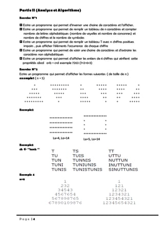 P a g e | 4
PartieII (Analyseet Algorithme)
Exercice N°1
 Ecrire un programme qui permet d’inverser une chaine de caractères et l’afficher.
 Ecrire un programme qui permet de remplir un tableau de n caractères et compter
nombres de lettres alphabétiques (nombre de voyelles et nombre de consonnes) et
nombre de chiffres et le nombre de symboles
 Ecrire un programme qui permet de remplir un tableau T avec n chiffres positives
impairs , puis afficher l’éléments l’occurrence de chaque chiffre
 Ecrire un programme qui permet de saisir une chaine de caractères et d’extraire les
caractères non alphabétiques
 Ecrire un programme qui permet d’afficher les entiers de 4 chiffres qui vérifient cette
propriétés abcd a+b = c+d exemple 7263 (7+2=6+3)
Exercice N°2
Ecrire un programme qui permet d’afficher les formes suivantes ( de taille de n )
exemple1 ( n = 5)
Exemple2
Exemple3
ch  ‘’tunis ‘’
Exemple 4
n=6
**************
**************
**************
**************
La=4, Lo=14
**************
* *
* *
* *
**************
La=5, Lo=14
 