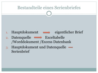 Bestandteile eines Serienbriefes Hauptdokument eigentlicher Brief Datenquelle Exceltabelle /Worddokument /Excess Datenbank Hauptdokument und Datenquelle Serienbrief