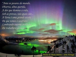 Poesias de Maria Dolores – Série Noruega
“Ante os pesares do mundo,
Observa, alma querida,
A dor que ilumina a vida,
Sob as provas, tais quais são...
A Terra é uma grande escola
De que temos o usufruto,
Lembrando enorme instituto
De trabalho e elevação.”
 