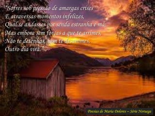 Poesias de Maria Dolores – Série Noruega
“Sofres sob pressão de amargas crises
E atravessas momentos infelizes,
Qual se andasses por senda estranha e má;
Mas embora sem forças a que te arrimes,
Não te detenhas, nem te desanimes,
Outro dia virá.”
 