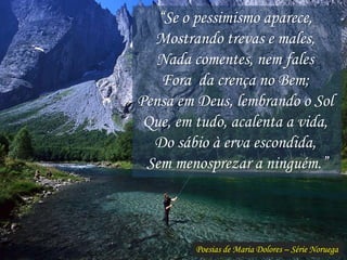 Poesias de Maria Dolores – Série Noruega
“Se o pessimismo aparece,
Mostrando trevas e males,
Nada comentes, nem fales
Fora da crença no Bem;
Pensa em Deus, lembrando o Sol
Que, em tudo, acalenta a vida,
Do sábio à erva escondida,
Sem menosprezar a ninguém.”
 