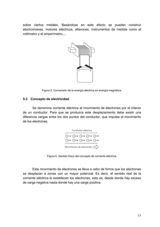 sobre ciertos metales. Basándose en este efecto se pueden construir
electroimanes, motores eléctricos, altavoces, instrumentos de medida como el
voltímetro y el amperímetro,...




             Figura 5. Conversión de la energía eléctrica en energía magnética.


5.3   Concepto de electricidad

       Se denomina corriente eléctrica al movimiento de electrones por el interior
de un conductor. Para que se produzca este desplazamiento debe existir una
diferencia cargas entre los dos puntos del conductor, que impulse el movimiento
de los electrones.




                 Figura 6. Sentido físico del concepto de corriente eléctrica.



       Este movimiento de electrones se lleva a cabo de forma que los electrones
se desplazan a zonas con un mayor potencial. Es decir, el sentido real de la
corriente eléctrica lo establecen los electrones, esto es, desde donde hay exceso
de carga negativa hasta donde hay una carga positiva.




                                                                                  13
 