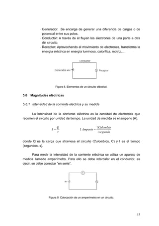 -   Generador: Se encarga de generar una diferencia de cargas o de
               potencial entre sus polos.
           -   Conductor: A través de él fluyen los electrones de una parte a otra
               del circuito.
           -   Receptor: Aprovechando el movimiento de electrones, transforma la
               energía eléctrica en energía luminosa, calorífica, motriz,...




                        Figura 8. Elementos de un circuito eléctrico.


5.6   Magnitudes eléctricas

5.6.1 Intensidad de la corriente eléctrica y su medida

       La intensidad de la corriente eléctrica es la cantidad de electrones que
recorren el circuito por unidad de tiempo. La unidad de medida es el amperio (A).

                          Q                                1 Culombio
                     I=                      1 Amperio =
                          t                                 1 segundo

donde Q es la carga que atraviesa el circuito (Culombios, C) y t es el tiempo
(segundos, s).

       Para medir la intensidad de la corriente eléctrica se utiliza un aparato de
medida llamado amperímetro. Para ello se debe intercalar en el conductor, es
decir, se debe conectar “en serie”.




                   Figura 9. Colocación de un amperímetro en un circuito.




                                                                               15
 