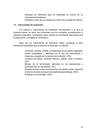 -   Distingue los diferentes tipos de materiales en función de su
               comportamiento eléctrico.
           -   Identifica el valor de una resistencia a partir de su código de colores.

7.2   Instrumentos de evaluación.

       Los criterios e instrumentos de evaluación corresponden a lo que se
pretende valorar, es decir, son coherentes con los conceptos, procedimientos y
actitudes propuestos, concretando estos criterios en actividades adecuadas para
la observación y recogida de información.

      Dado que los instrumentos de evaluación deben considerar la gran
variedad de actividades que se propone al alumnado, se utilizará:

           -   Conducta: iniciativa, interés, cumplimiento de las tareas asignadas,
               actitud, habilidades y destrezas en el uso de herramientas y
               máquinas y respeto por la opinión de los demás. (10%)
           -   Cuaderno de trabajo: expresión escrita y gráfica, orden y limpieza.
               (5%)
           -   Manejo de la terminología adecuada en las exposiciones y
               participaciones en los debates. (5%)
           -   Pruebas escritas: sobre conocimientos que debería haber adquirido
               el alumno durante el proceso de enseñanza-aprendizaje. (45%)
           -   Prácticas en el aula-taller. (30%)




                                                                                    26
 