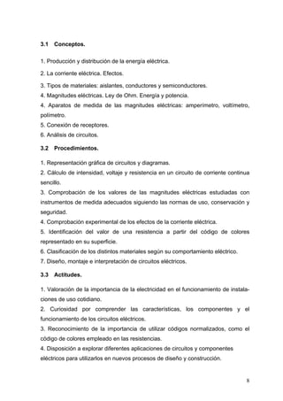 3.1   Conceptos.

1. Producción y distribución de la energía eléctrica.

2. La corriente eléctrica. Efectos.

3. Tipos de materiales: aislantes, conductores y semiconductores.
4. Magnitudes eléctricas. Ley de Ohm. Energía y potencia.
4. Aparatos de medida de las magnitudes eléctricas: amperímetro, voltímetro,
polímetro.
5. Conexión de receptores.
6. Análisis de circuitos.

3.2   Procedimientos.

1. Representación gráfica de circuitos y diagramas.
2. Cálculo de intensidad, voltaje y resistencia en un circuito de corriente continua
sencillo.
3. Comprobación de los valores de las magnitudes eléctricas estudiadas con
instrumentos de medida adecuados siguiendo las normas de uso, conservación y
seguridad.
4. Comprobación experimental de los efectos de la corriente eléctrica.
5. Identificación del valor de una resistencia a partir del código de colores
representado en su superficie.
6. Clasificación de los distintos materiales según su comportamiento eléctrico.
7. Diseño, montaje e interpretación de circuitos eléctricos.

3.3   Actitudes.

1. Valoración de la importancia de la electricidad en el funcionamiento de instala-
ciones de uso cotidiano.
2. Curiosidad por comprender las características, los componentes y el
funcionamiento de los circuitos eléctricos.
3. Reconocimiento de la importancia de utilizar códigos normalizados, como el
código de colores empleado en las resistencias.
4. Disposición a explorar diferentes aplicaciones de circuitos y componentes
eléctricos para utilizarlos en nuevos procesos de diseño y construcción.


                                                                                  8
 