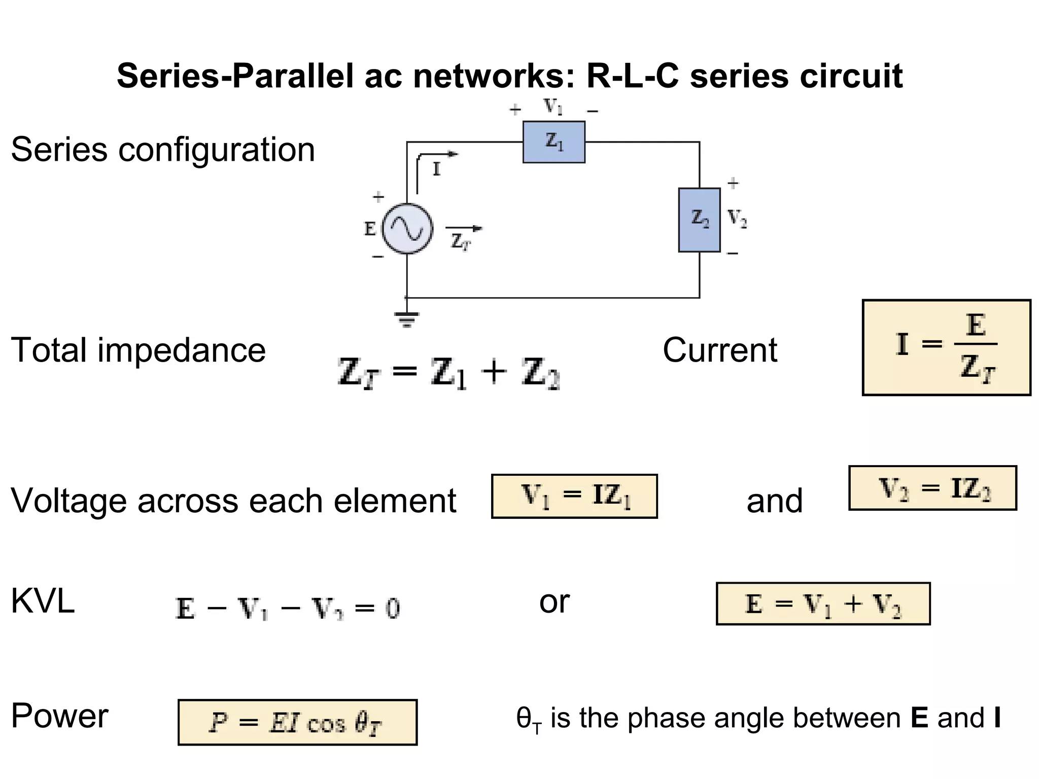 Series-Parallel ac networks: R-L-C series circuit
Series configuration
Total impedance Current
Voltage across each element and
KVL or
Power θT is the phase angle between E and I
 