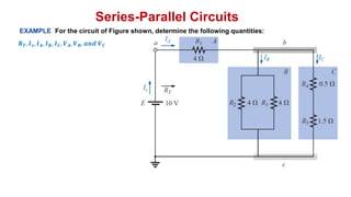 Series-Parallel Circuits
EXAMPLE For the circuit of Figure shown, determine the following quantities:
𝑹𝑻, 𝑰𝒔, 𝑰𝑨, 𝑰𝑩, 𝑰𝑪, 𝑽𝑨, 𝑽𝑩, 𝒂𝒏𝒅 𝑽𝑪
 
