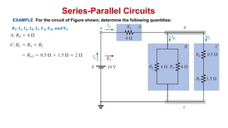 Series-Parallel Circuits
EXAMPLE For the circuit of Figure shown, determine the following quantities:
𝑹𝑻, 𝑰𝒔, 𝑰𝑨, 𝑰𝑩, 𝑰𝑪, 𝑽𝑨, 𝑽𝑩, 𝒂𝒏𝒅 𝑽𝑪
 