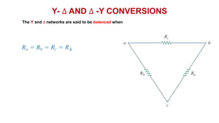 Y- ∆ AND ∆ -Y CONVERSIONS
The Y and ∆ networks are said to be balanced when
 
