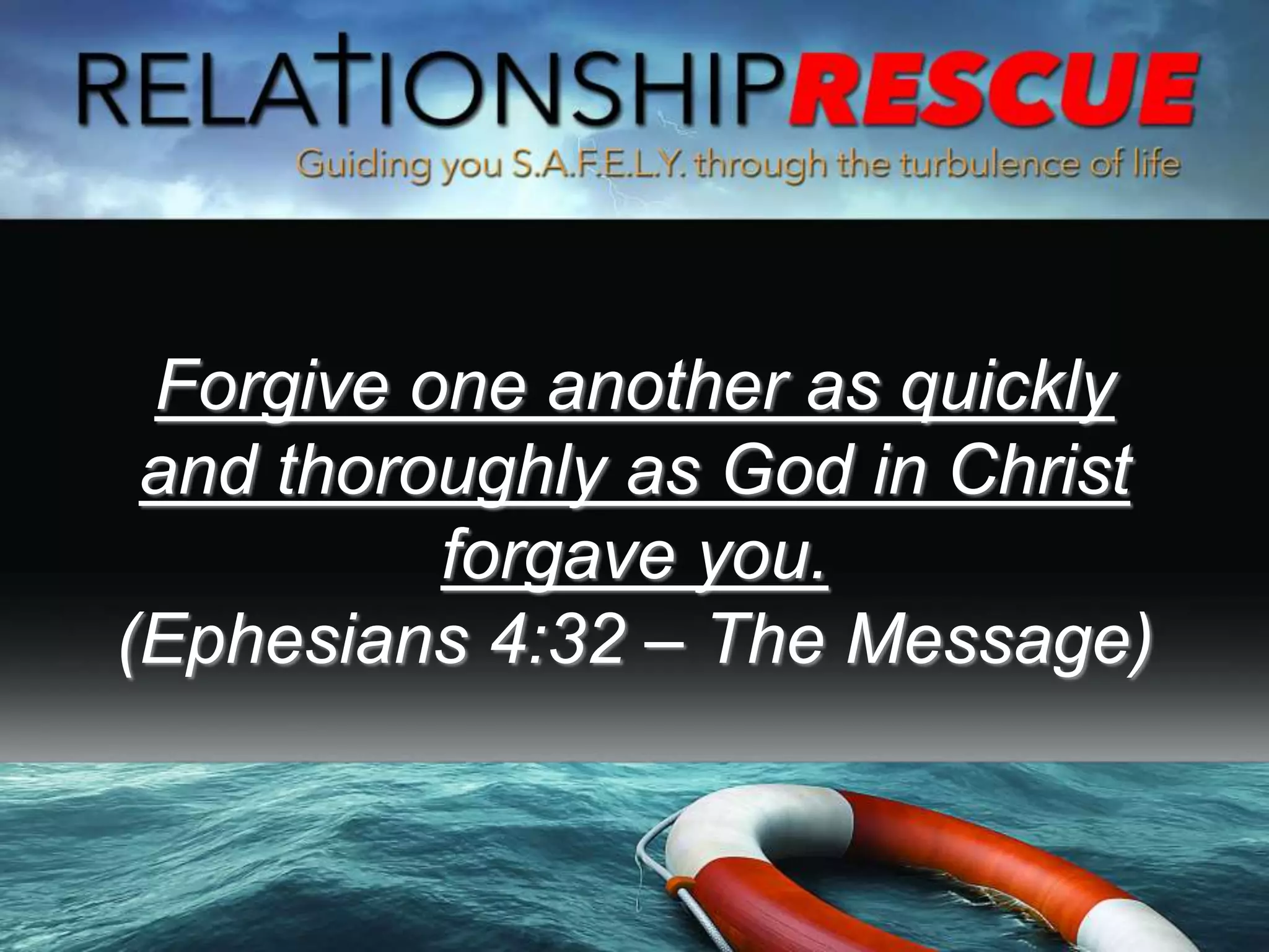 Forgive one another as quickly
and thoroughly as God in Christ
forgave you.
(Ephesians 4:32 – The Message)
 