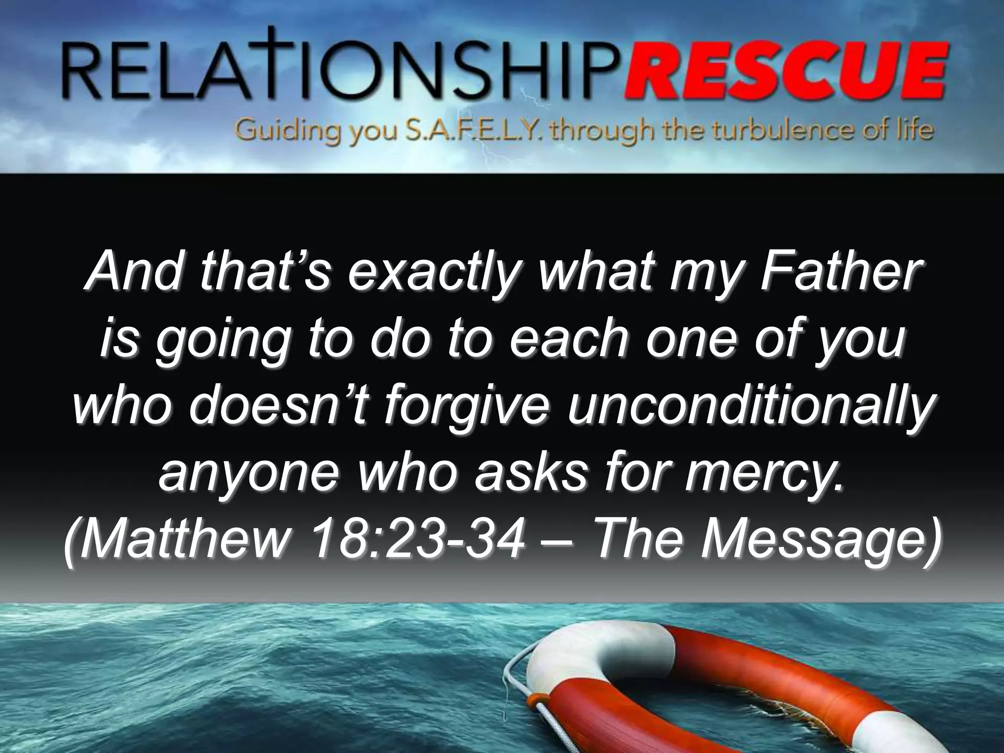 And that’s exactly what my Father
is going to do to each one of you
who doesn’t forgive unconditionally
anyone who asks for mercy.
(Matthew 18:23-34 – The Message)
 