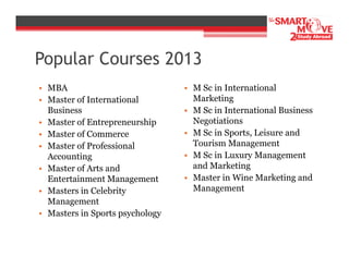 Popular Courses 2013
• MBA
• Master of International
Business
• Master of Entrepreneurship
• Master of Commerce
• Master of Professional
Accounting
• Master of Arts and
Entertainment Management
• Masters in Celebrity
Management
• Masters in Sports psychology

• M Sc in International
Marketing
• M Sc in International Business
Negotiations
• M Sc in Sports, Leisure and
Tourism Management
• M Sc in Luxury Management
and Marketing
• Master in Wine Marketing and
Management

 