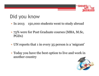 Did you know
• In 2013

150,000 students went to study abroad

• 75% were for Post Graduate courses (MBA, M.Sc,
PGDs)
• UN reports that 1 in every 35 person is a ‘migrant’
• Today you have the best option to live and work in
another country

 